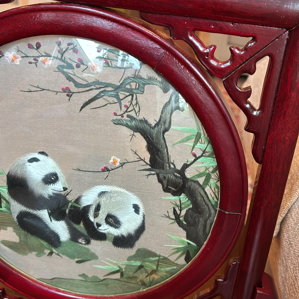 Vintage Table Screen with Silk Panda Embroidery - Burgundy Frame - Picture 4 of 15